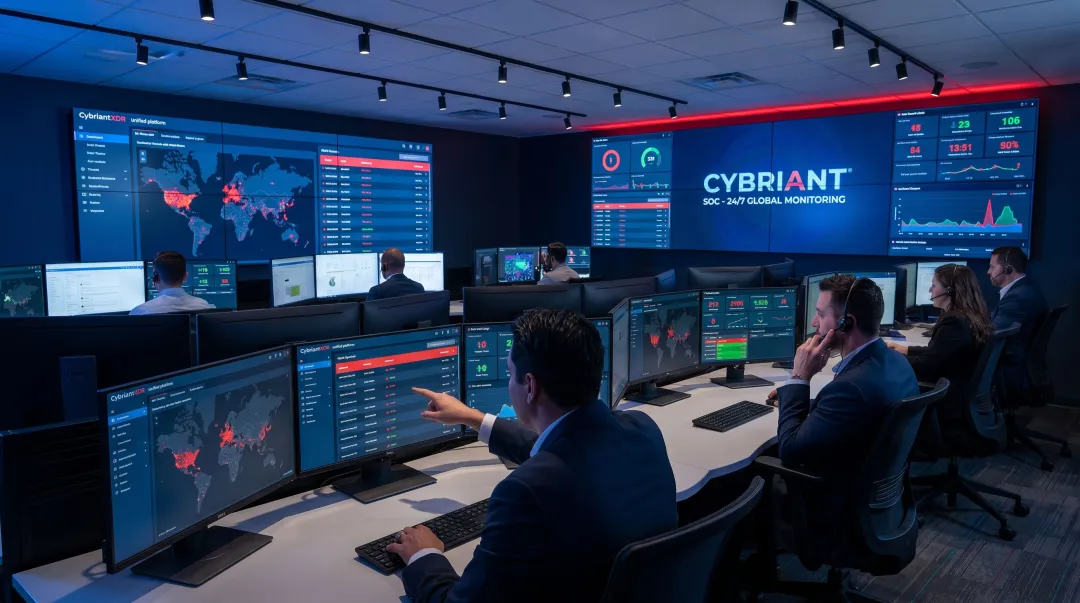Cybriant SOC security operations center analysts monitoring threat dashboard screens