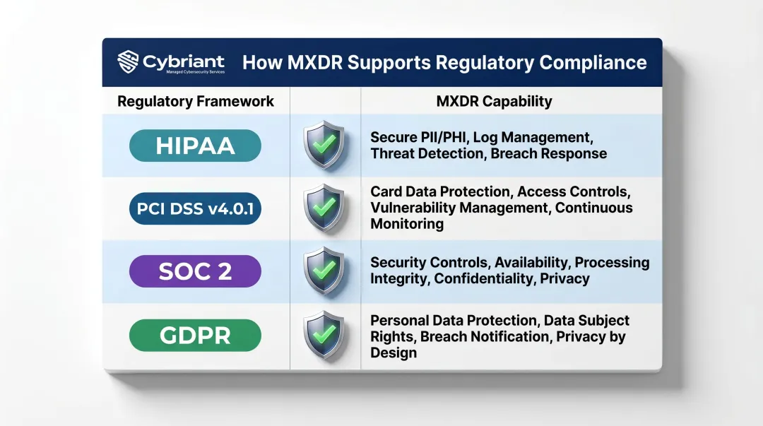 MXDR compliance framework alignment HIPAA PCI DSS SOC2 GDPR requirements chart