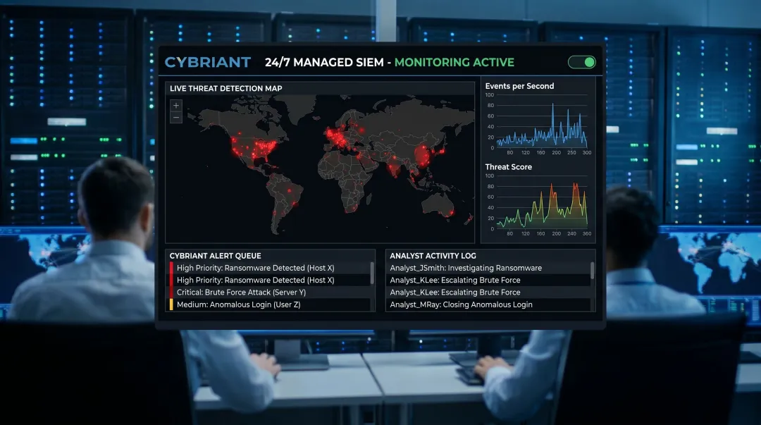 Cybriant 24/7 managed SIEM dashboard displaying real-time threat monitoring and analyst alerts