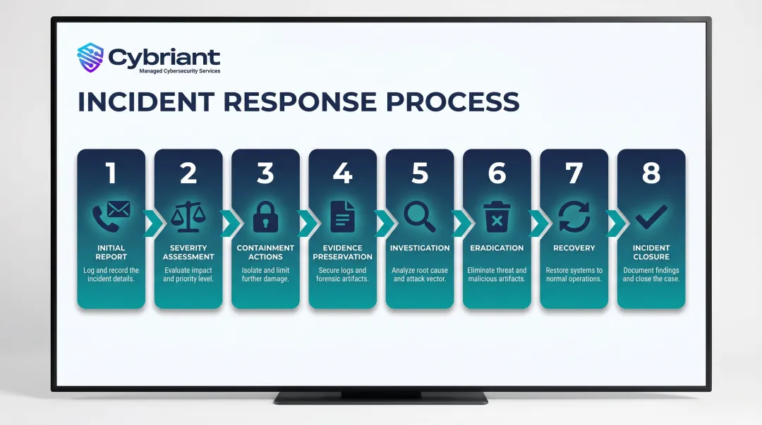 8-step CMMC incident response workflow from initial report to plan update