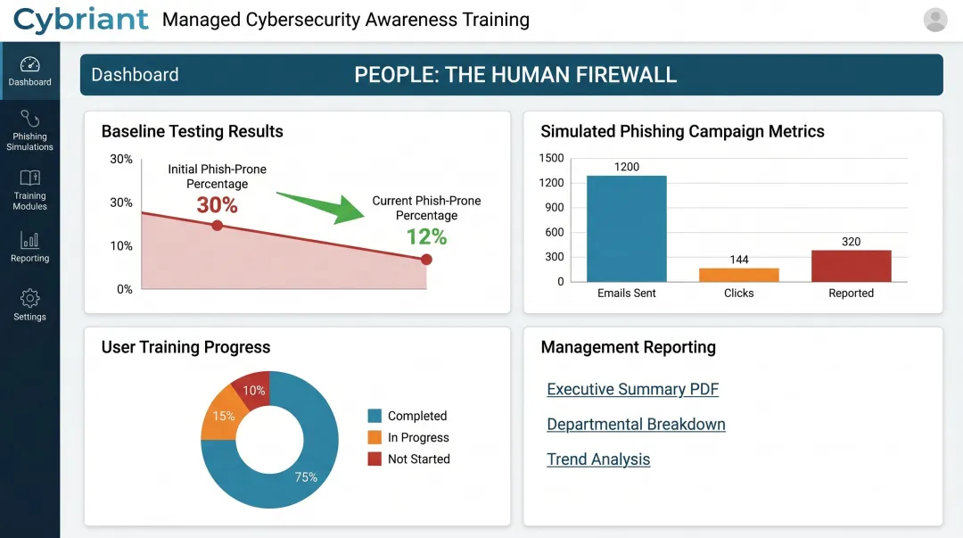 Cybriant managed cybersecurity awareness training dashboard showing phishing simulation and employee progress