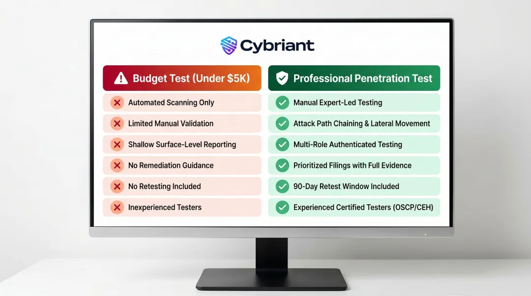 Budget penetration test versus professional penetration test features side-by-side comparison