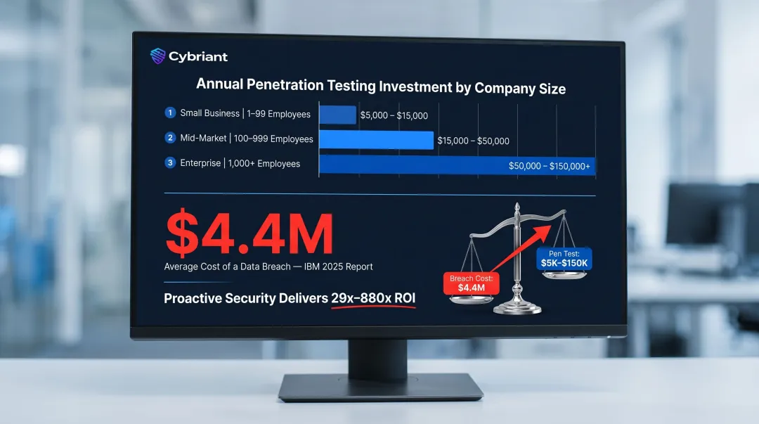 Penetration testing annual budget benchmarks by company size versus average data breach cost ROI