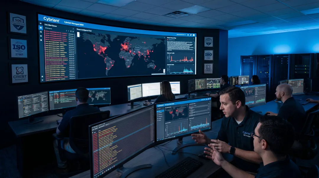 Cybriant SOC 2 Type 2 certified managed SIEM security operations team monitoring dashboard