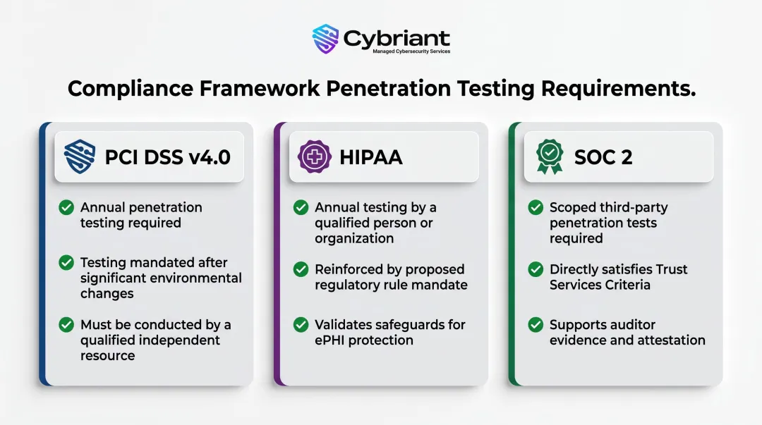 PCI DSS HIPAA and SOC 2 penetration testing compliance requirements comparison chart