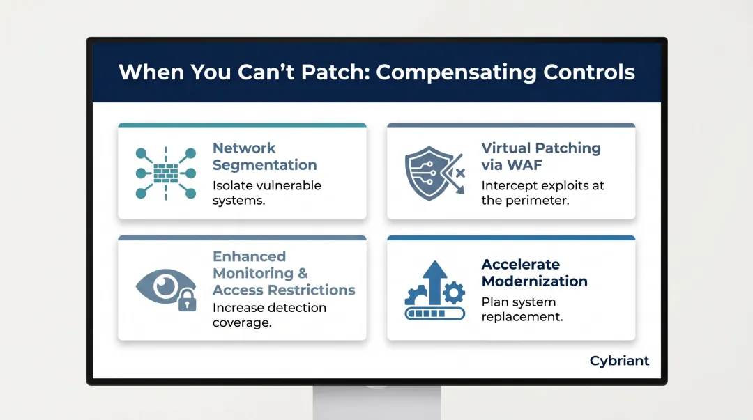 Legacy system patch management compensating controls options comparison infographic