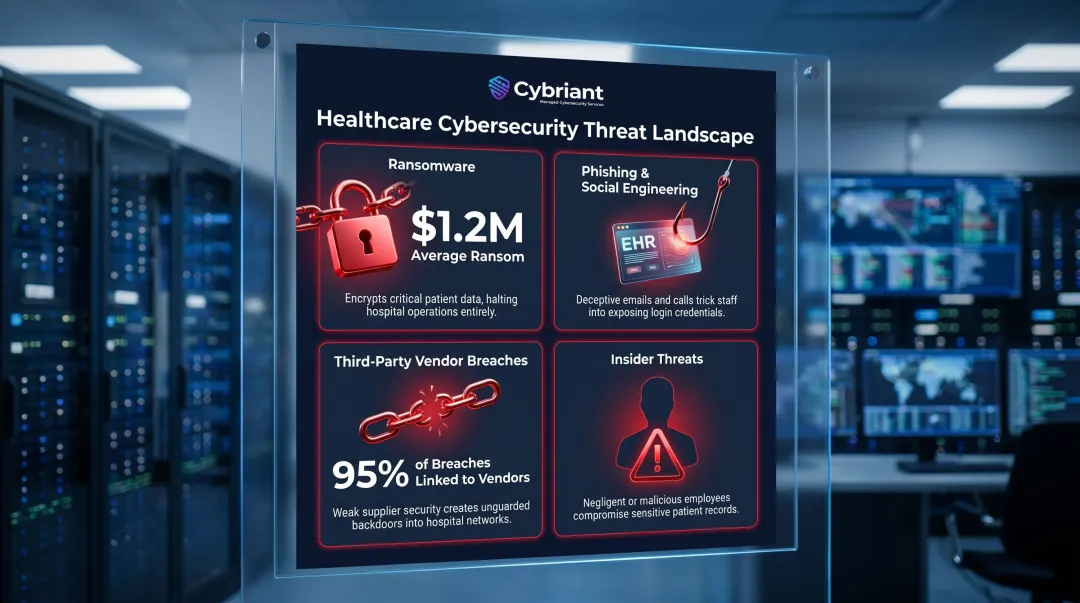 Four primary healthcare cybersecurity threat vectors overview infographic