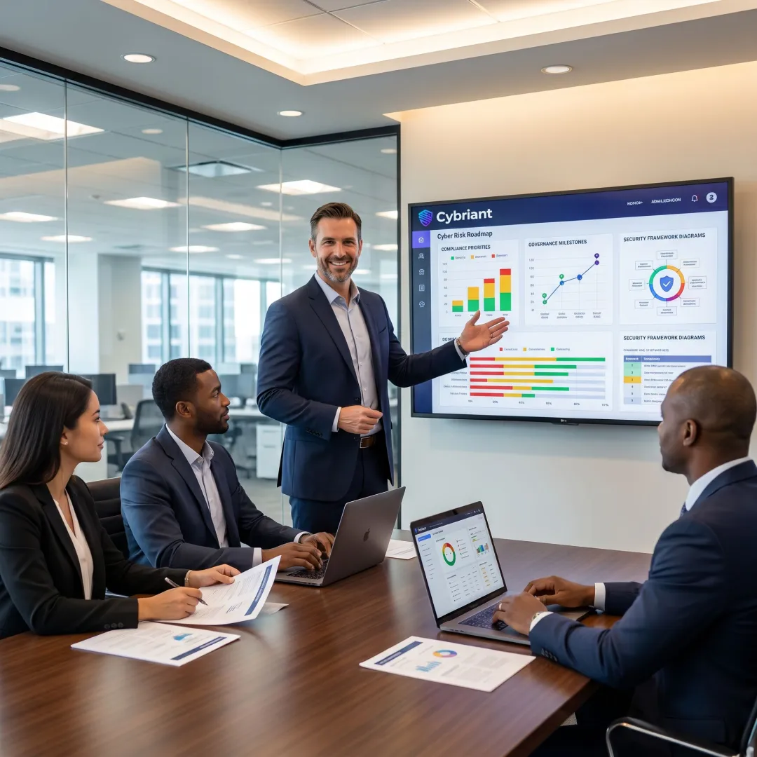 Virtual CISO reviewing cybersecurity roadmap with executives