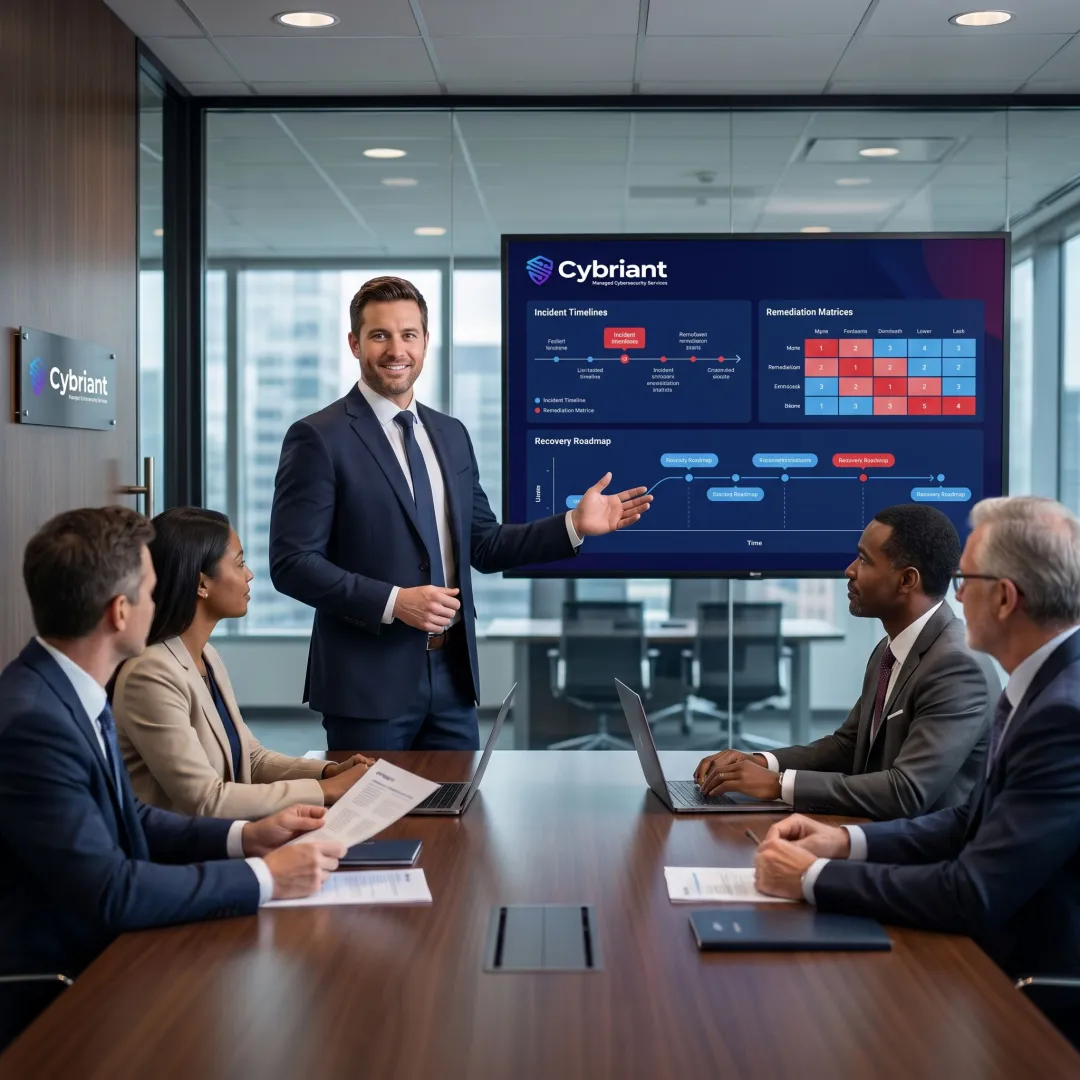 Consultant reviewing cyber incident findings with a business team