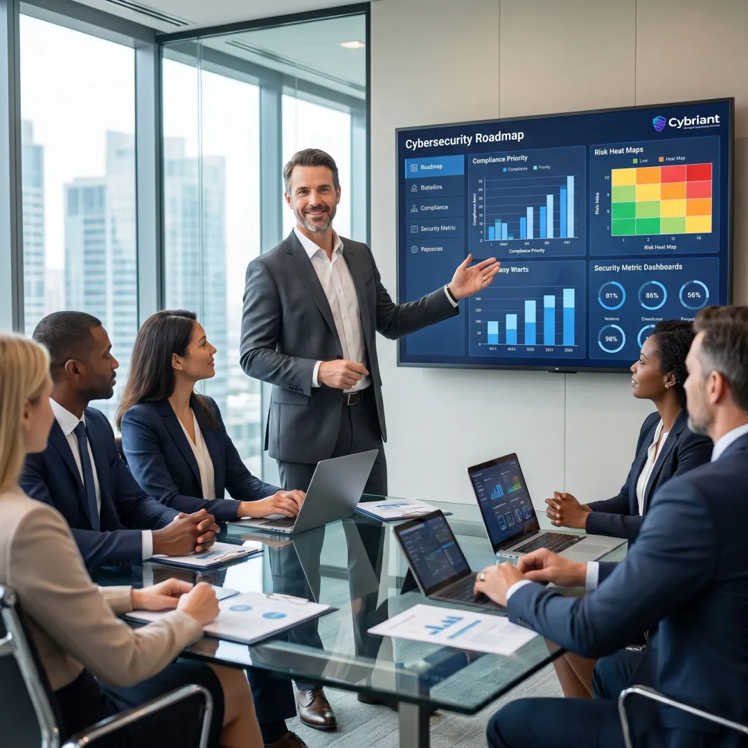 Virtual CISO discussing cybersecurity roadmap with executives