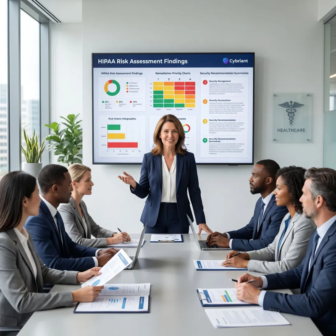 Consultant presenting HIPAA risk assessment findings to healthcare leaders