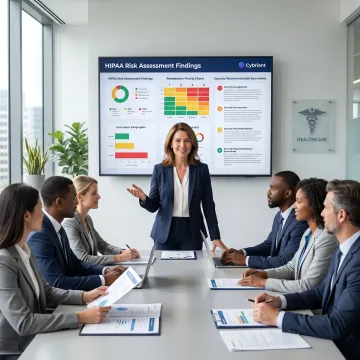 Consultant presenting HIPAA risk assessment findings to healthcare leaders