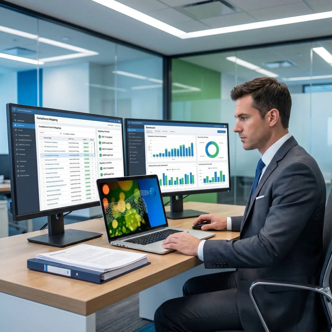 Compliance analyst reviewing cybersecurity controls and reports
