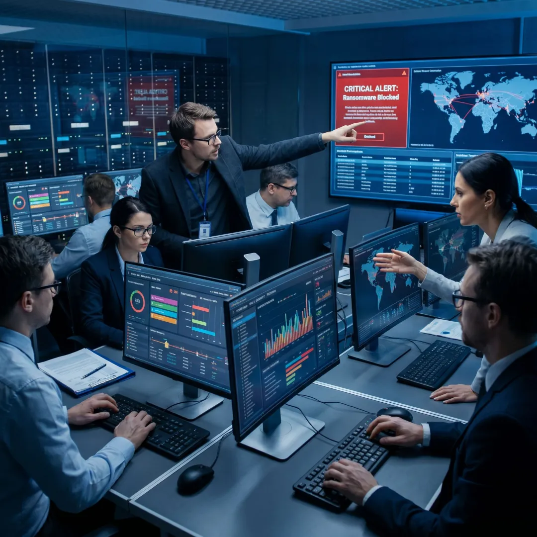 Cybersecurity team reviewing live threat alerts