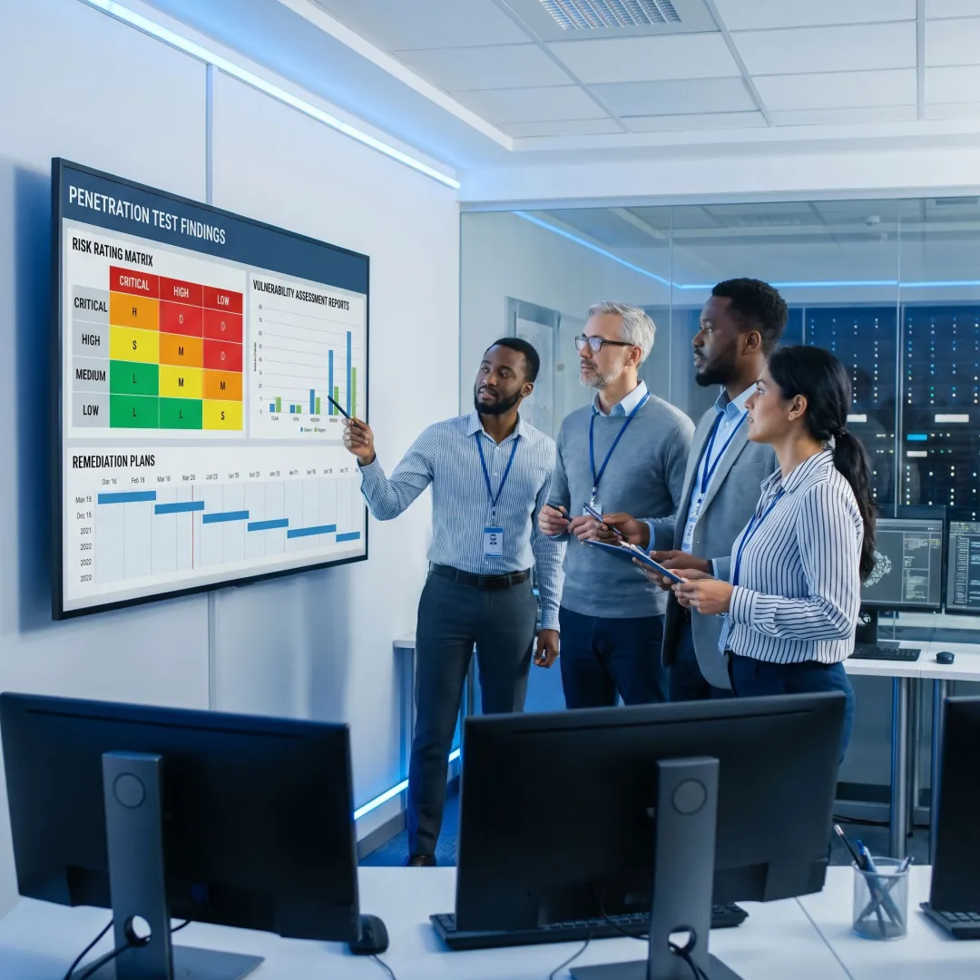 Enterprise security team reviewing penetration test results
