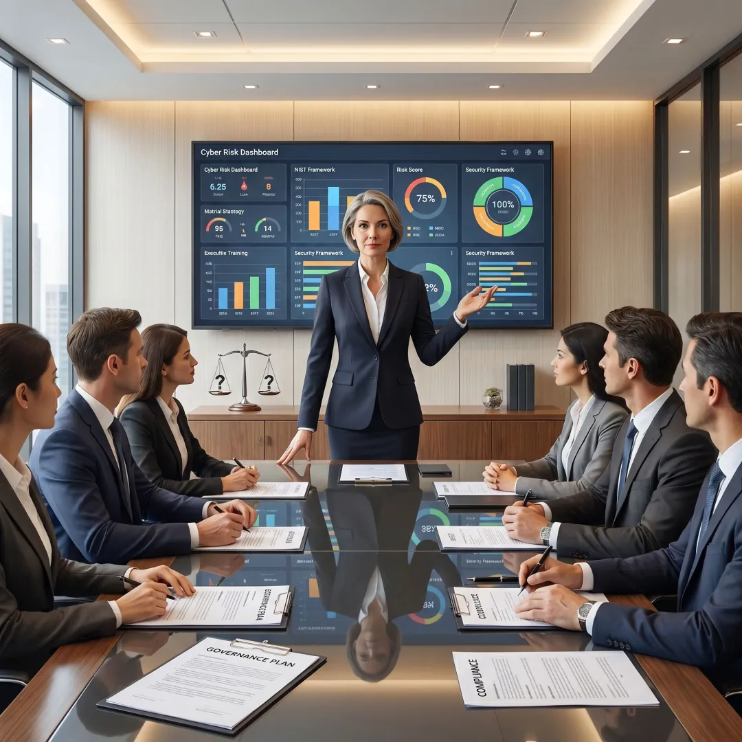 Cybersecurity advisor reviewing security strategy with executives