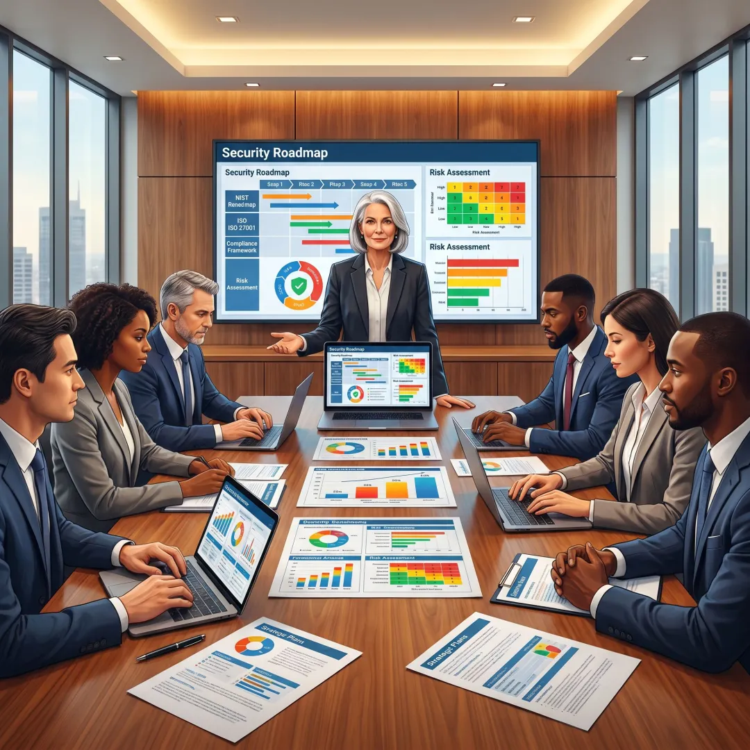 vCISO reviewing cybersecurity roadmap with business stakeholders