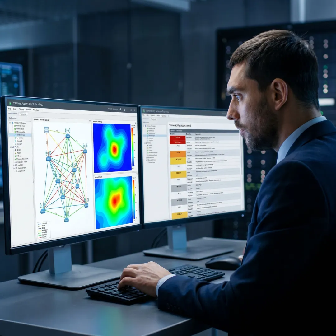 Consultant analyzing wireless security findings