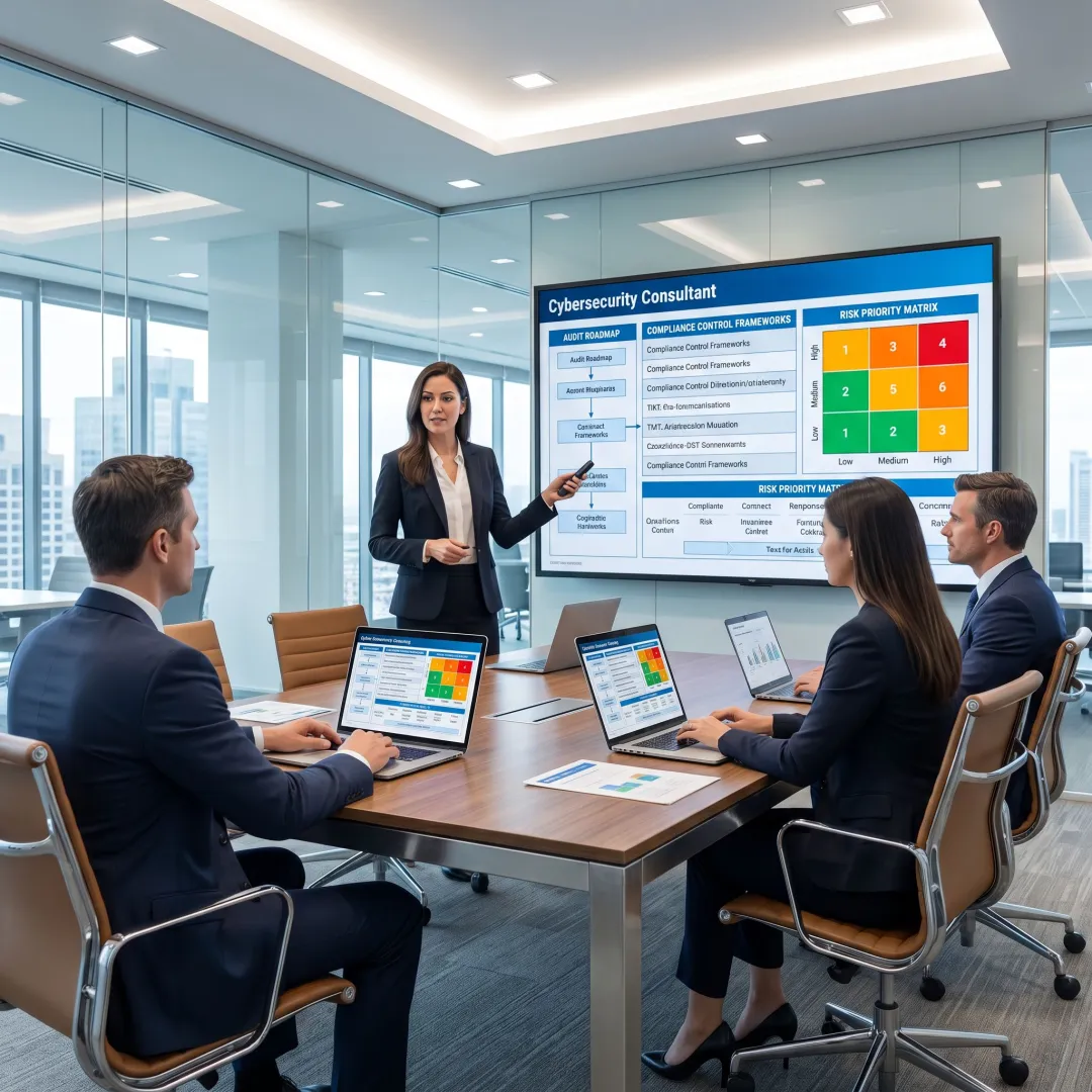 Consultant presenting cybersecurity compliance roadmap