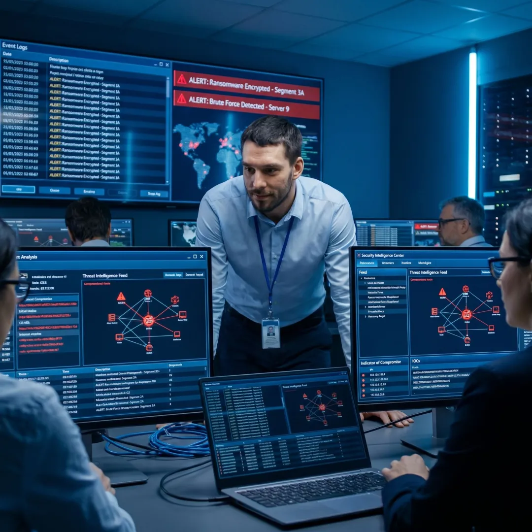 Cybersecurity team reviewing threat alerts