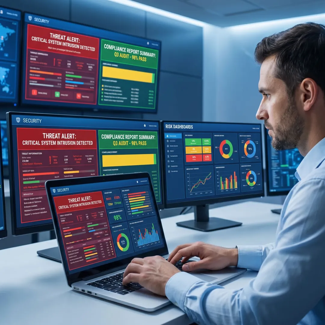 Cybersecurity team reviewing alerts and risk data