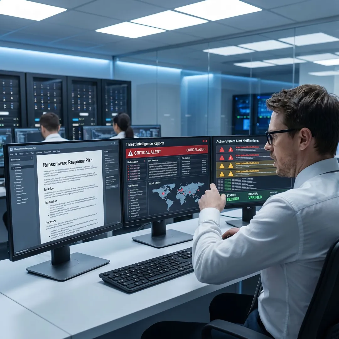Analyst reviewing ransomware response plan
