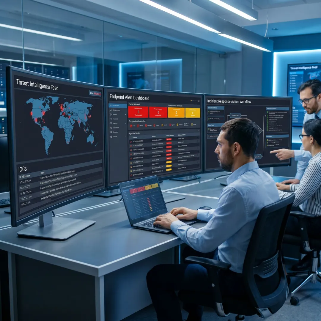 Cybersecurity team reviewing threat response data