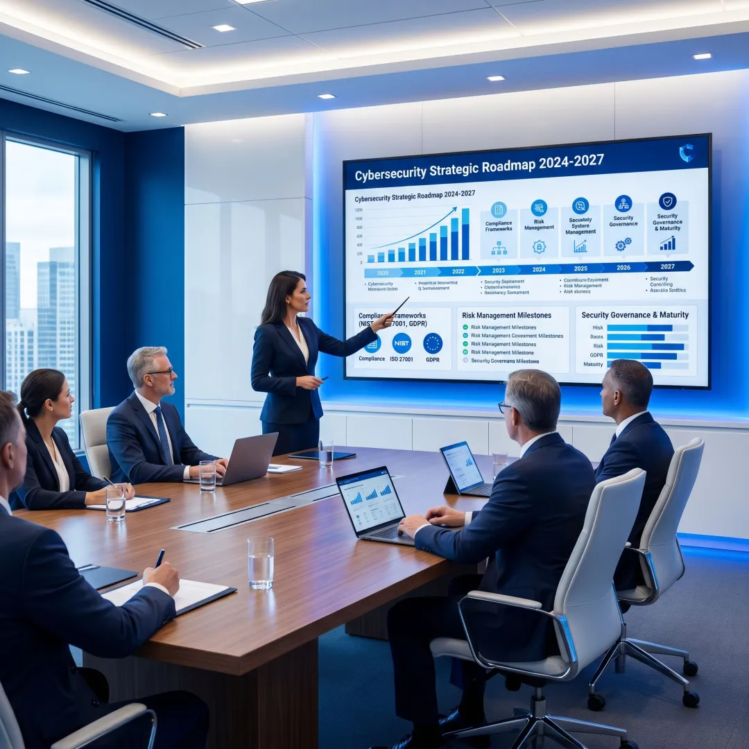 vCISO reviewing cybersecurity roadmap with leadership team