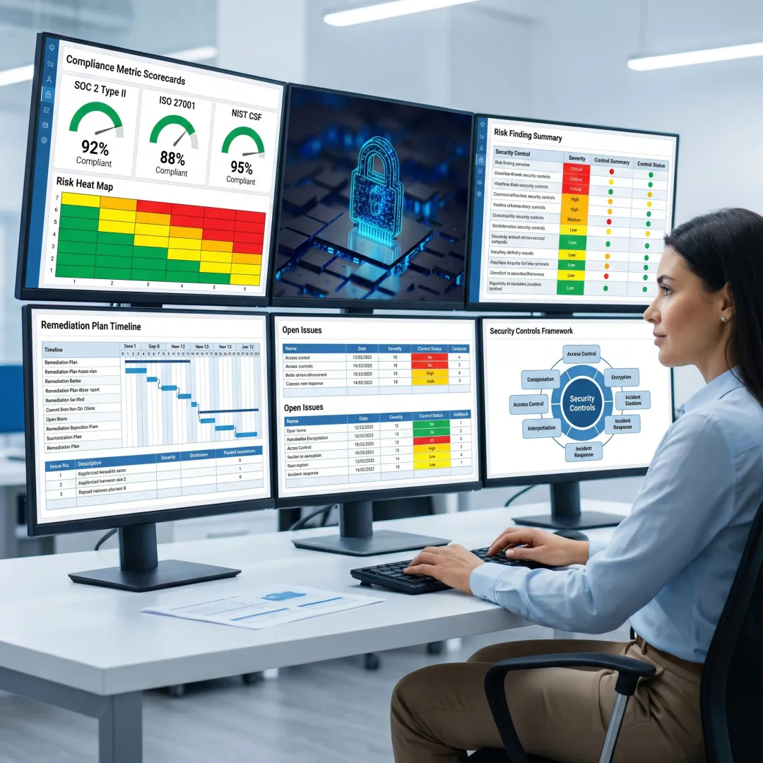 Security analyst reviewing enterprise compliance dashboard