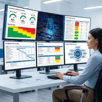 Security analyst reviewing enterprise compliance dashboard