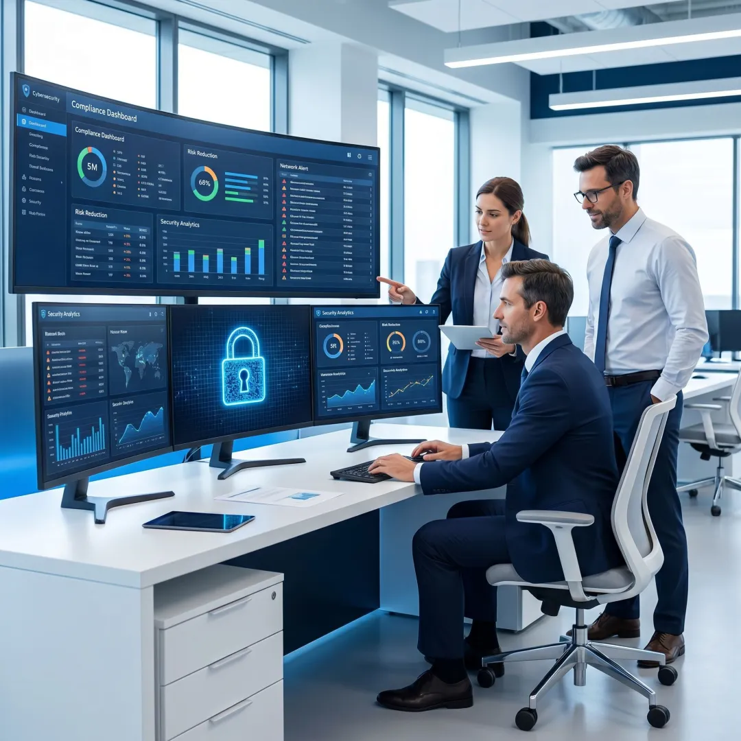 Cybersecurity team reviewing business security data
