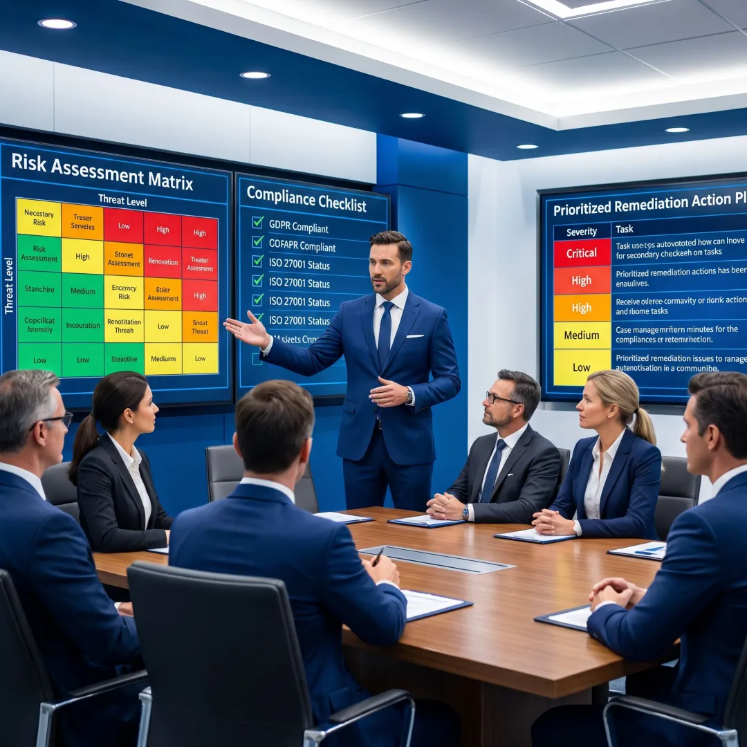 Consultant presenting cybersecurity assessment findings