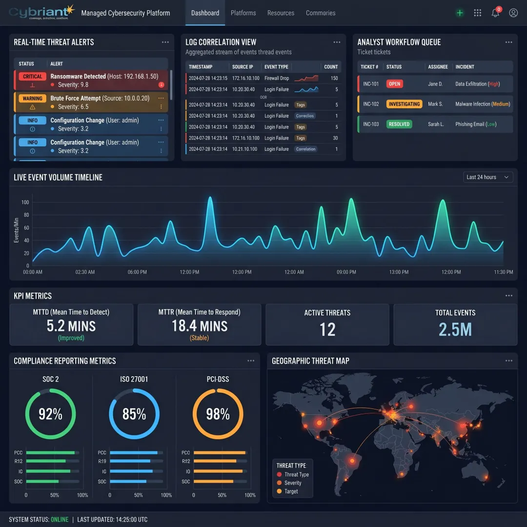 Managed SIEM compliance reporting dashboard