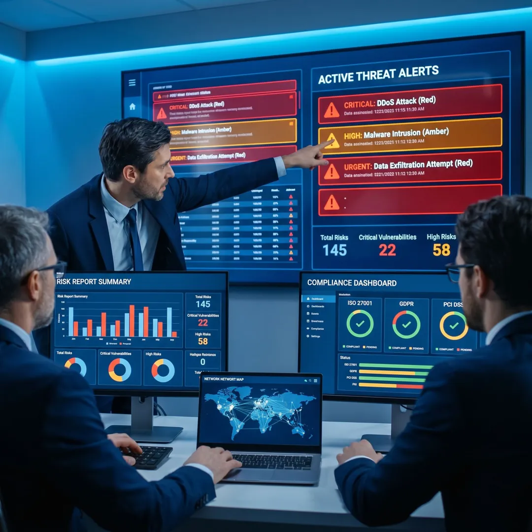 Cybersecurity team reviewing business risk data