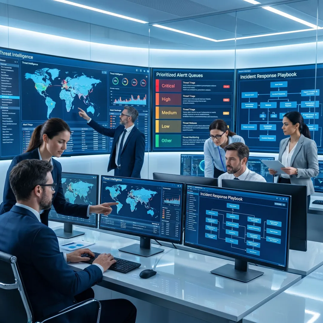 Cybersecurity team reviewing threat intelligence and response plans