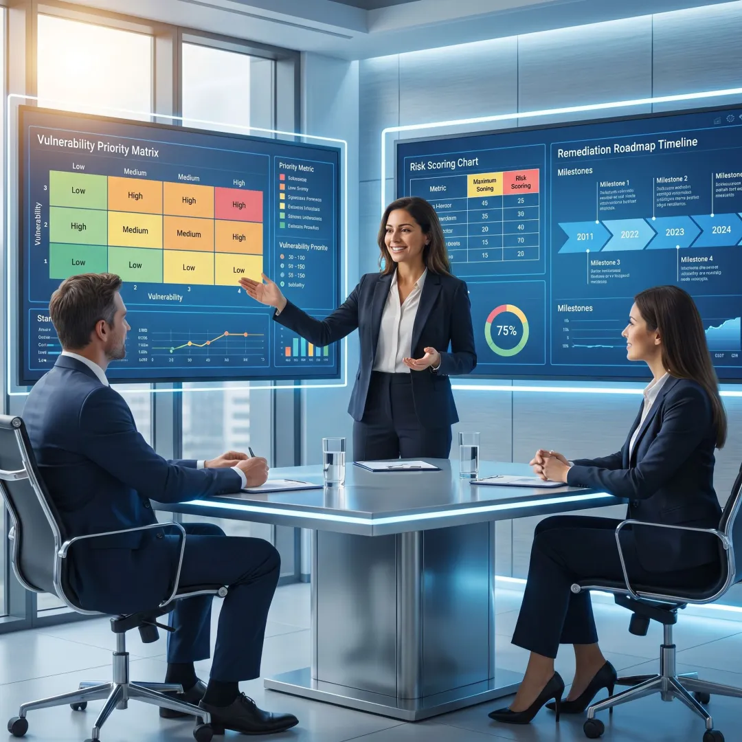 Consultant presenting cybersecurity assessment findings