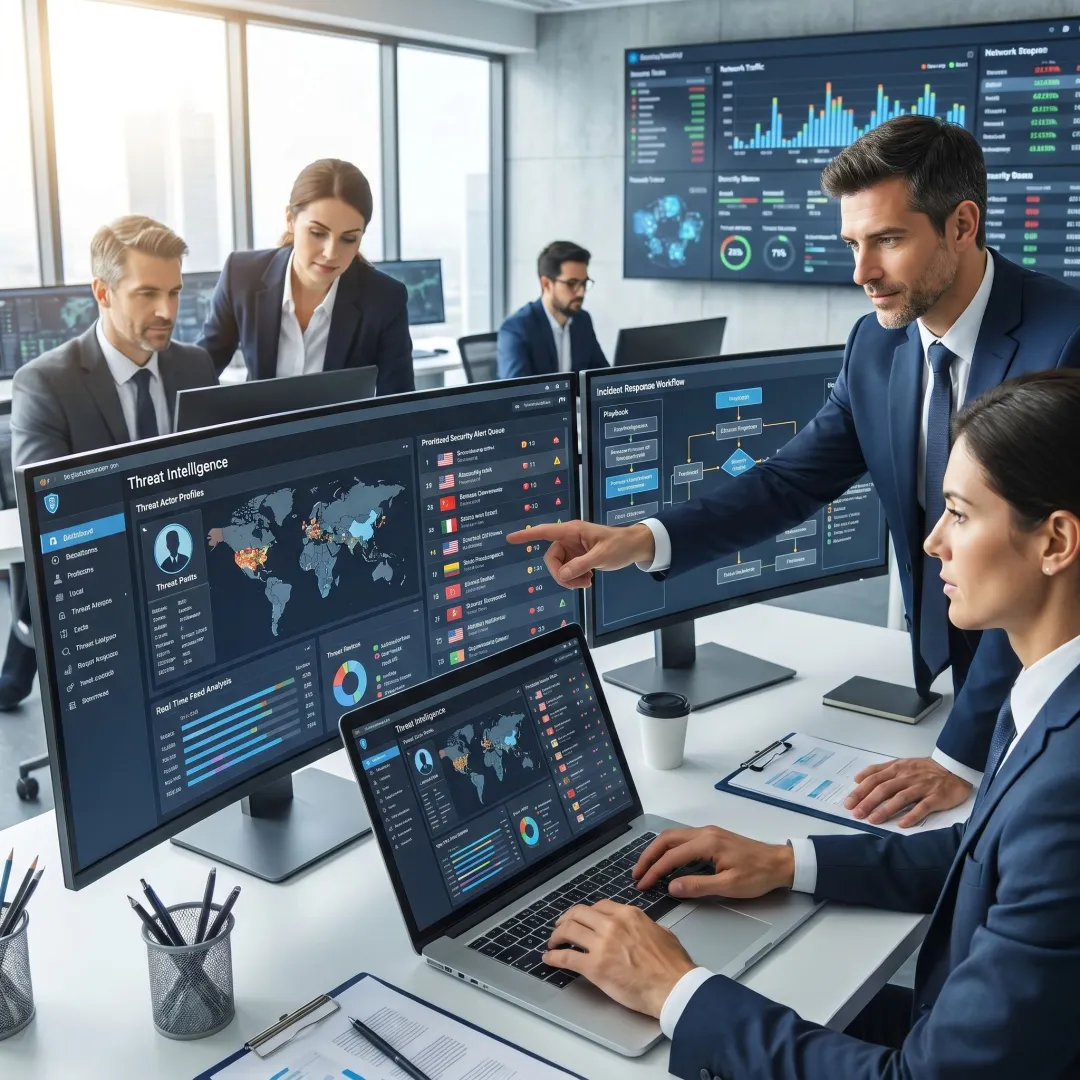 Cybersecurity team reviewing threat intelligence and response plans