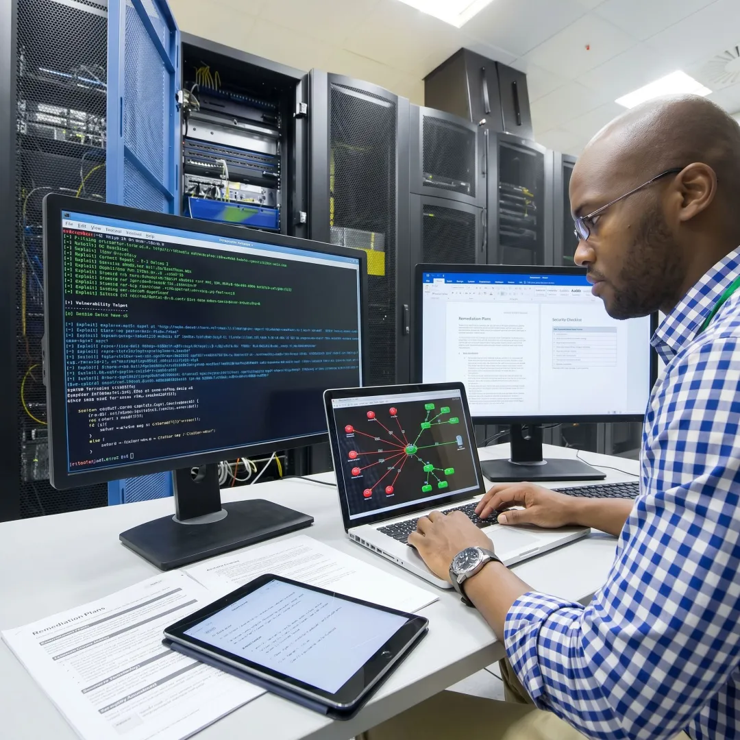 Penetration tester analyzing network vulnerabilities