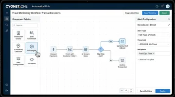 AutomationWhiz drag-and-drop fraud detection workflow builder platform interface screenshot