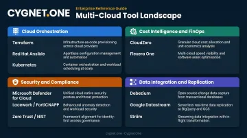 Multi-cloud data management tools comparison across four operational categories infographic
