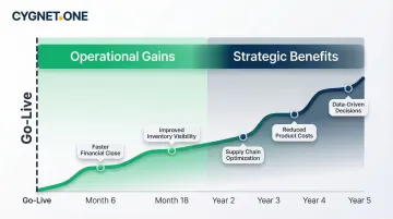 SAP ROI realization two-stage timeline from go-live to strategic benefits over five years