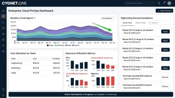 FinOps cloud cost management dashboard showing spend allocation and rightsizing recommendations