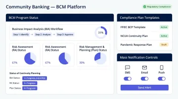 Banking BCM software interface showing FFIEC-aligned BIA workflows and mass notification features