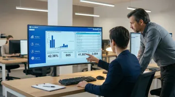 Enterprise finance team reviewing automated invoice processing dashboard with workflow metrics