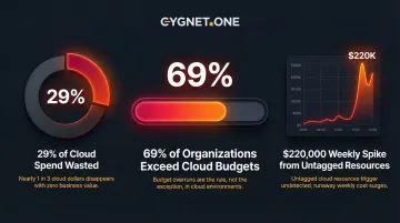 Cloud cost waste statistics showing 29 percent waste and 69 percent budget overruns