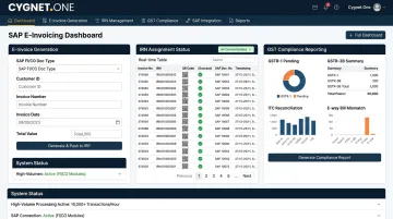 Cygnet One SAP e-invoicing platform dashboard showing IRN generation and GSTR-1 data