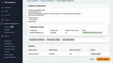 AWS SageMaker console interface showing model deployment endpoint configuration and monitoring