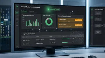 AI-powered fraud detection dashboard displaying real-time transaction anomaly alerts and case workflows