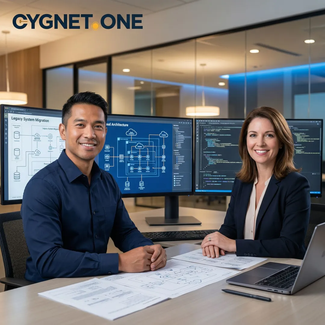Enterprise consultants reviewing legacy software migration architecture on large screens