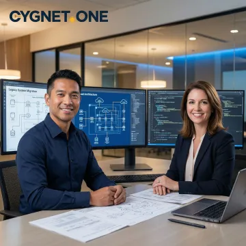 Enterprise consultants reviewing legacy software migration architecture on large screens